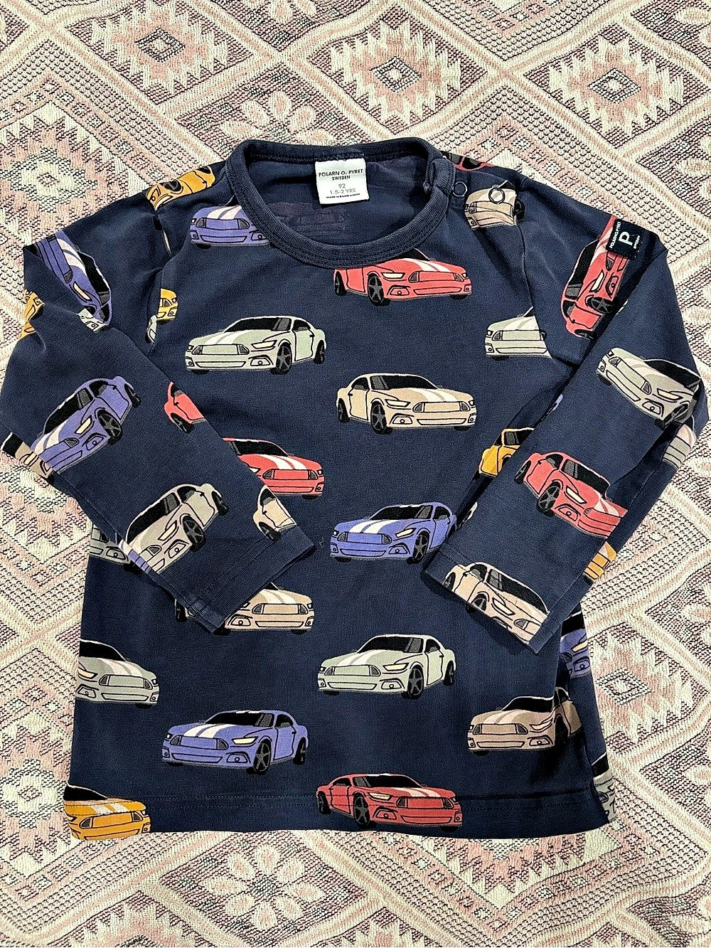 Polarn O. Pyret navy long sleeve tee, sports car print, 92 (1.5-2 yrs)